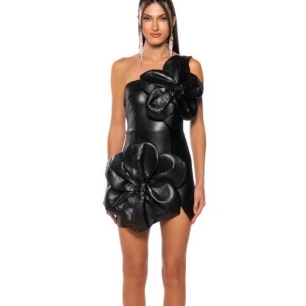 Leatherette mini black dress with 3D flower appliqué